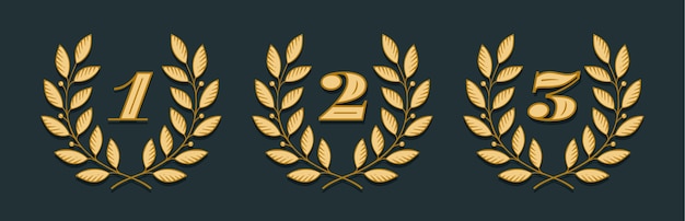 Значок лаврового венка с цифрами 1, 2, 3, изолированные на желтом фоне. рисованный дизайн one, two, three и элемент для турнира, конкурса, победителя, приза и награждения.