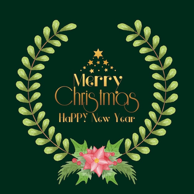 Laurel wreath with greenery branches  Watercolor with golden text Happy new year and merry Christmas