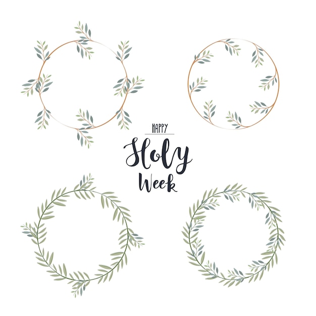 Vector laurel wreaths set with text happy holy week palm sunday illustration first group