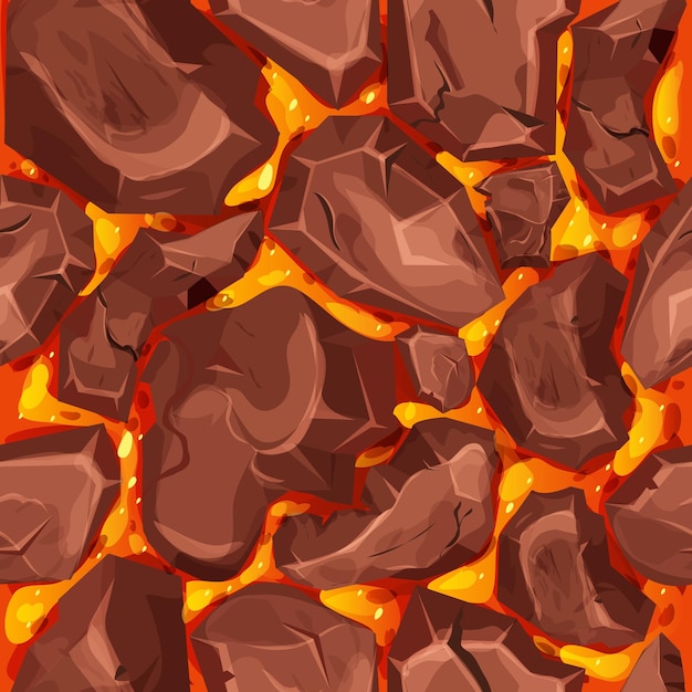 Lava, magma met stenen in naadloos patroon in cartoonstijl