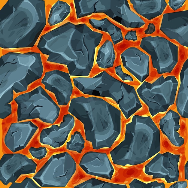 Lava, magma with stones in cartoon style seamless pattern background. eruption effect