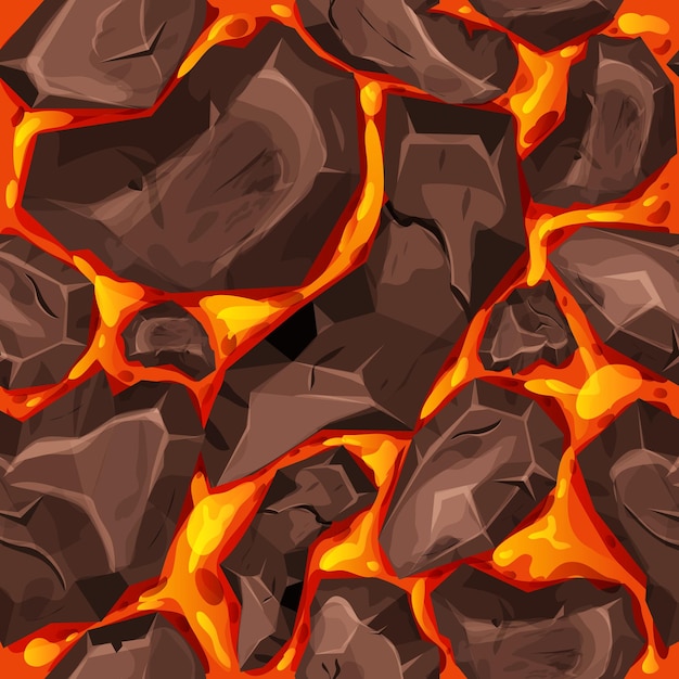 Lava, magma with stones in cartoon style seamless pattern background