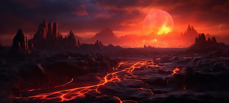 Vector lava vulkaan natuur rood heet magma vuur hitte uitbarsting oranje vulkanische donkere hemel nacht explosie