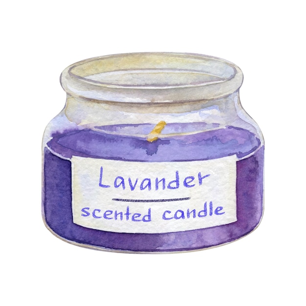 Lavander scented candle in a glass watercolor vector illustration isolated on white background