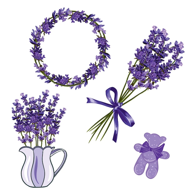 Lavendel bloemen geurende beer vaas met boeket krans Vector illustratie Bruiloft uitnodigingen wenskaarten labels en covers