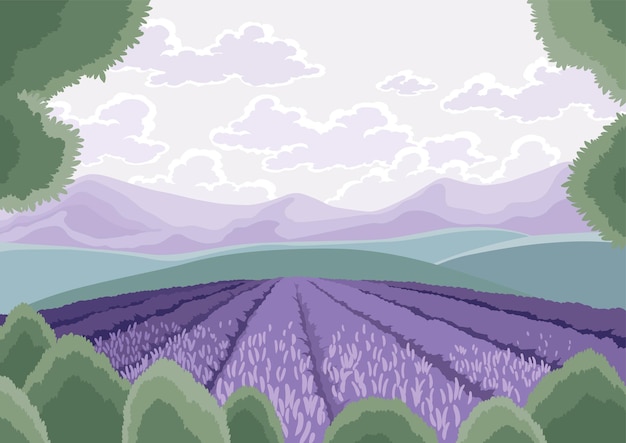 Lavendel veld landschap Hand getekende paarse bloemen groeien en bloeien scène weide met bergen drijvende wolken Achtergrond met sereniteit natuur landschap met paarse planten