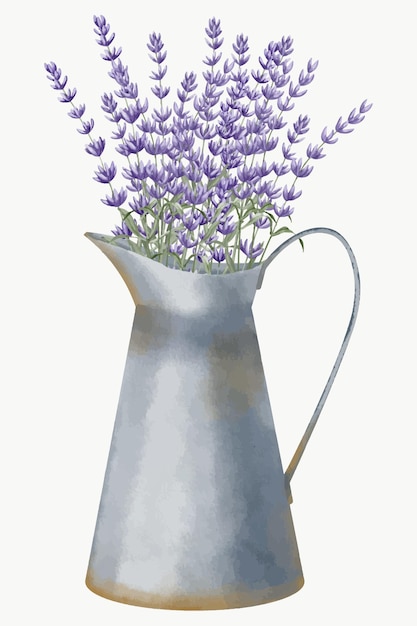 Lavender bouquet in vintage metal rustic Jar Hand drawn watercolor illustration of purple Flowers in garden equipment for greeting cards or invitations on white isolated background Floral drawing