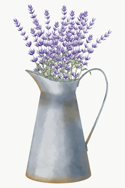 Vettore bouquet di lavanda in barattolo rustico in metallo vintage disegnato a mano acquerello illustrazione di fiori viola in attrezzature da giardino per biglietti di auguri o inviti su sfondo bianco isolato disegno floreale