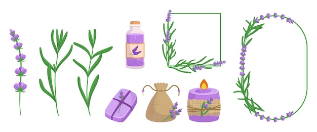 Set di elementi di lavanda oggetti rilassanti e profumati, tra cui bordi e decorazioni per prodotti da bagno con candela all'olio essenziale