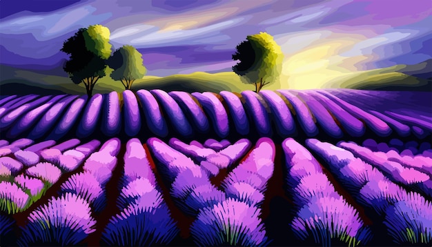 Vector lavender field sunset and lines beautiful lavender blooming scented flowers against a sunset sky