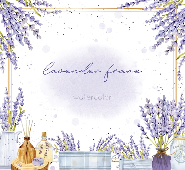 Lavender floral watercolor frame with Provence spa elements