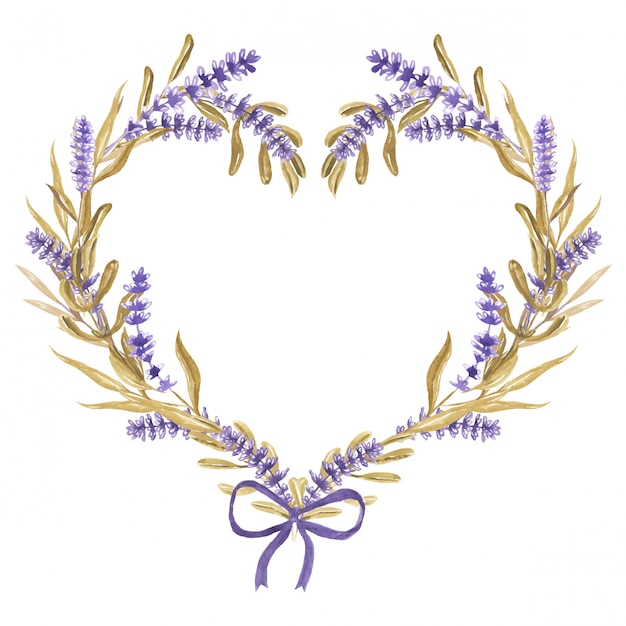 Vector lavender flower heart with ribbon watercolor