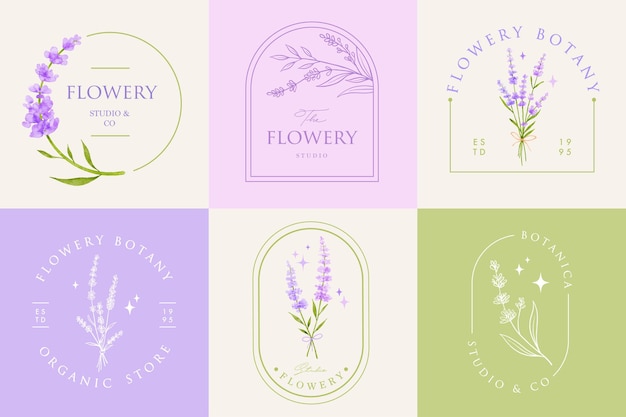 Modello di set di design del logo prefabbricato di fiori di lavanda