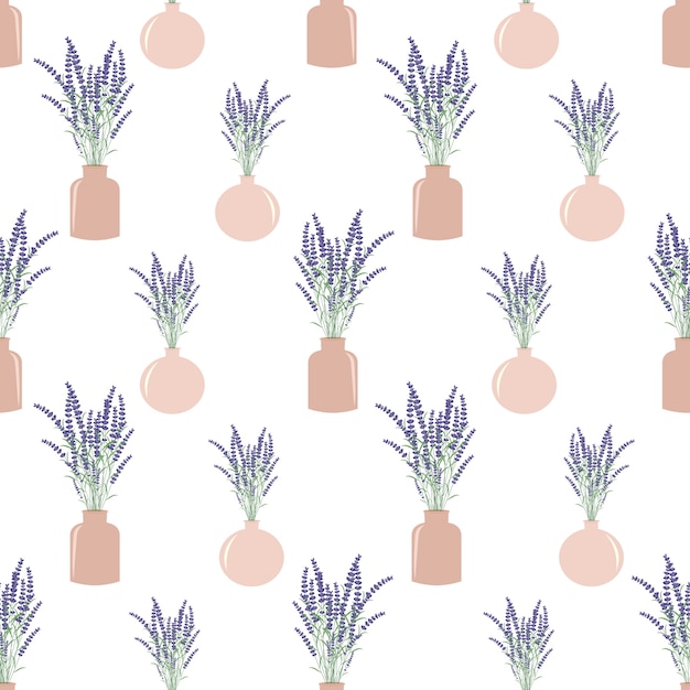 Vector lavender flowers in pots seamless pattern