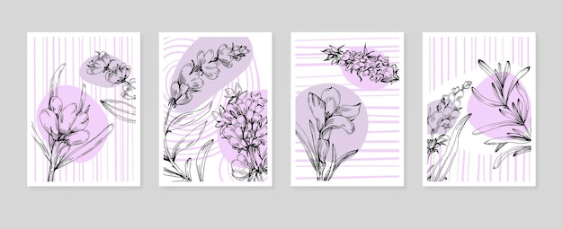 Lavender hand painted illustrations for wall decoration minimalist flower in sketch style