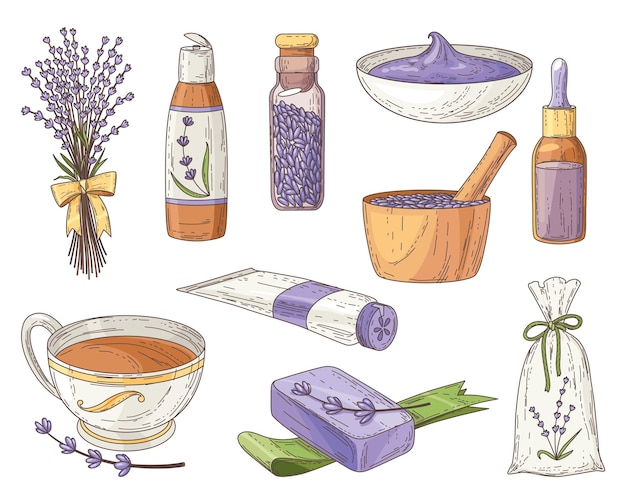 Lavender products Collection of provence souvenirs Natural handmade soap lavender flowers and massage oil Ceramic bottle for natural skin care products boater and honey