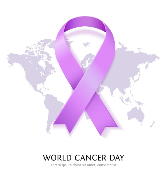 Nastro di raso lavanda per la giornata mondiale del cancro. simbolo di consapevolezza del cancro generale con mappa del mondo su sfondo bianco