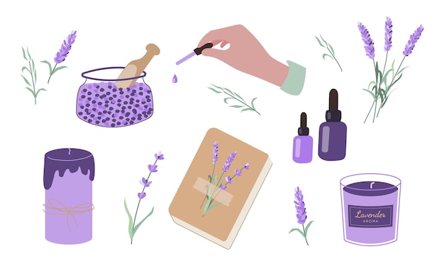 Vector lavender set aromatherapy accessories essential oil book salt candles hand with pipette and flowers
