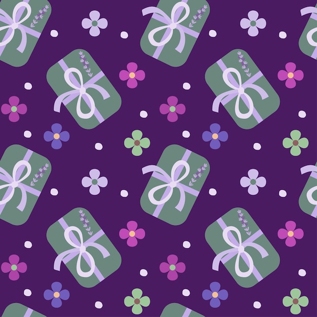 Lavender soap and flowers on purple background seamless pattern