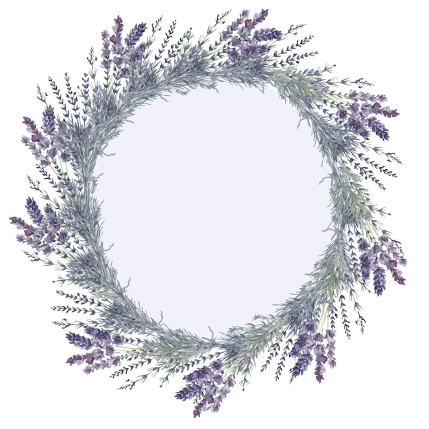 Lavender wreath in a circle frame hand drawn watercolor illustration