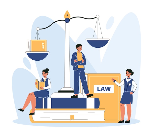 법과 정의 법률 서비스 노동자 변호사 공증인 개념 벡터 평면 그림