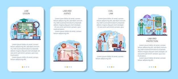 ベクトル 法律クラスのモバイルアプリケーションバナーセット。罰と判断の教育