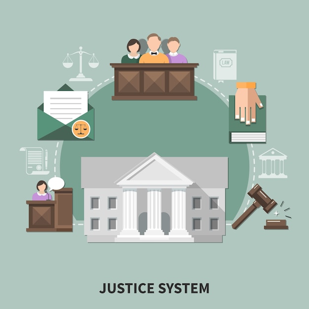 평면 사법 시스템 관련 이미지 법원 청문회 참가자 인간의 문자 및 아이콘 세트와 법률 구성