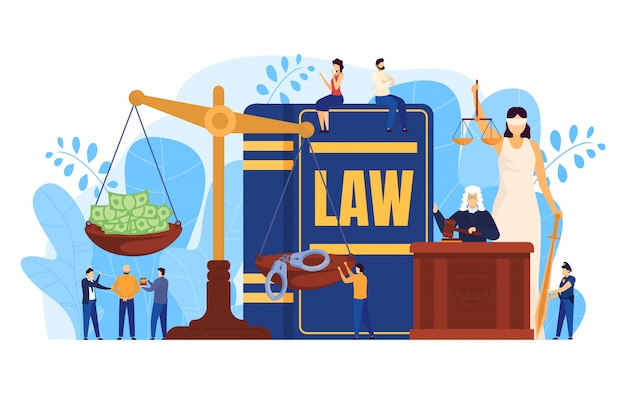 Concetto di legge, giudice e avvocati in aula di tribunale, riporta in scala il simbolo di giustizia, illustrazione di persone