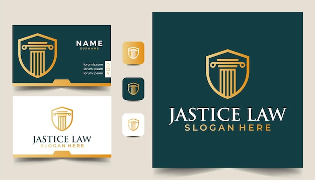 Дизайн логотипа юридической фирмы правосудия с шаблоном визитной карточки