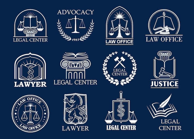 Юридический центр юридической фирмы и набор значков адвокатского бюро