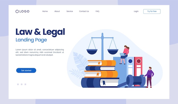 Концепция юридической фирмы и юридических услуг, юрист-консультант, плоская иллюстрация векторной целевой страницы