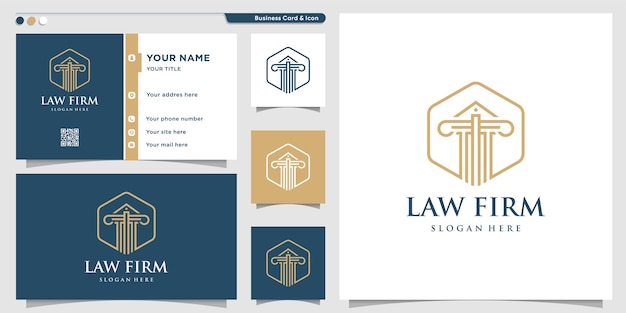 Логотип юридической фирмы с линейным арт-стилем и шаблоном дизайна визитной карточки