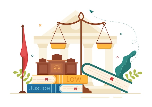 Vector law firm services with justice legal advice and lawyer consultant in poster hand drawn illustration