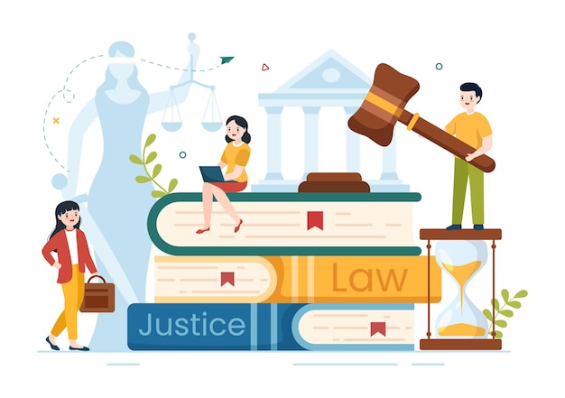 Vector law firm services with justice legal advice and lawyer consultant in poster hand drawn illustration