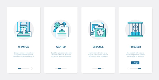 Law and judgement of criminal concept. UX, UI onboarding mobile app set crime abstract symbols with wanted criminal person, prison and prisoner, evidence