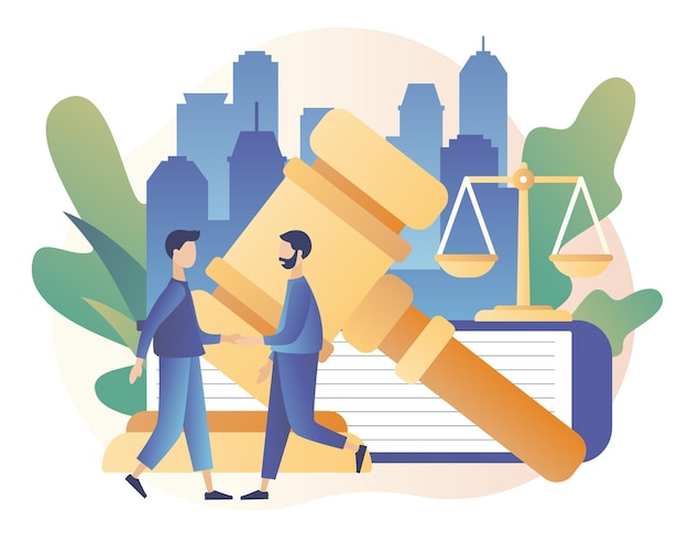 Vector law and justice concept justice scales judge building and judge gavel tiny men make a deal supreme court modern flat cartoon style vector illustration on white background