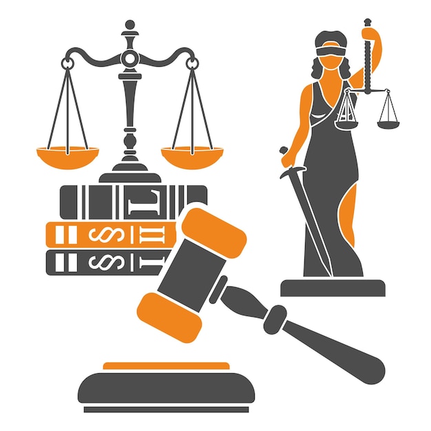 Концепция закона и правосудия с плоскими значками весов правосудия, молотком судьи, леди юстиции, книгами по праву. изолированные векторные иллюстрации