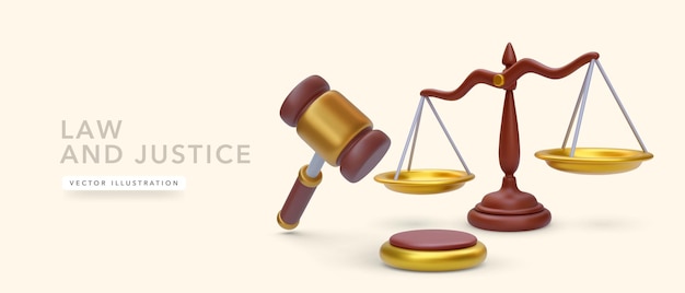 Law and justice concept with scales and hummer in cartoon 3d realistic style Vector illustration