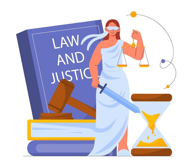 Vector law and justice concept woman with weights and scales in hand near hourglasses and book legay