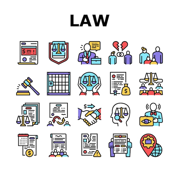 Law justice dictionary collection icons set vector