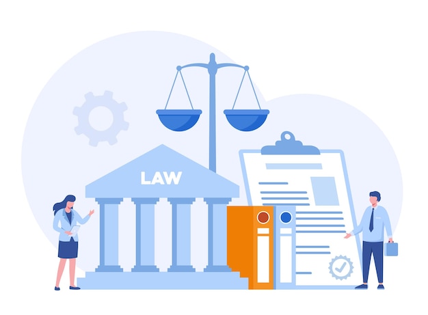 Vector law and justice scenes lawyer consulting client judge knocking with wooden hammer legal advice concept and consultation judgment flat vector illustration for banner and website