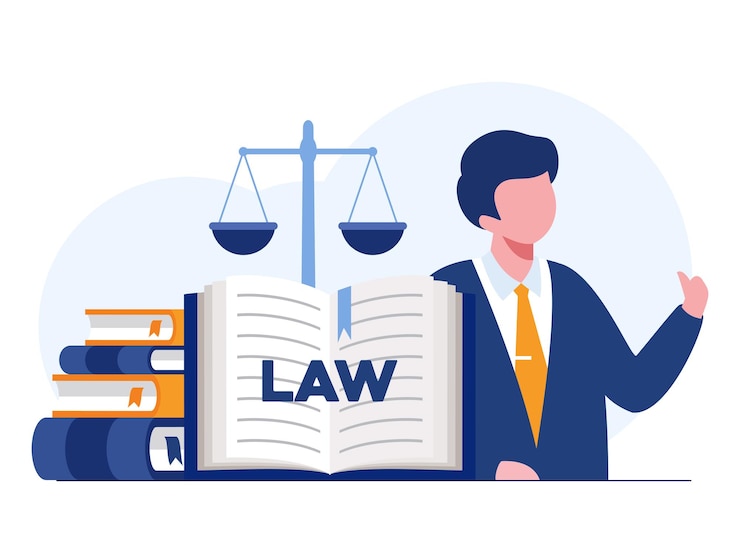 법률 및 정의 장면 변호사 컨설팅 클라이언트 법적 조언 개념 평면 벡터 일러스트 레이 션 및 아이콘 설정