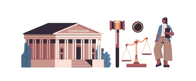 Vector law and justice set female lawyer and courthouse govel scales icons collection horizontal full length isolated vector illustration