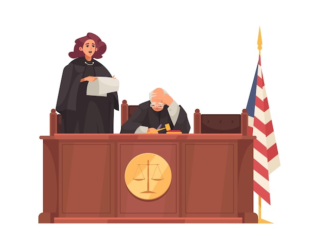 Vector law justice with wooden tribunes and sitting judges