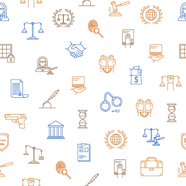 Law and Lawyer Thin Line Seamless Pattern Background on a White Include of Gun Courthouse Gavel Scale Briefcase Handcuff Handshake and Fingerprint Vector illustration