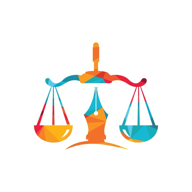 Law logo vector met gerechtelijk evenwicht symbolisch voor rechtvaardigheidsschaal in een penpunt