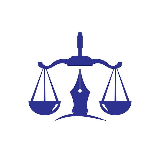 Law logo vector met gerechtelijk evenwicht symbolisch voor rechtvaardigheidsschaal in een penpunt