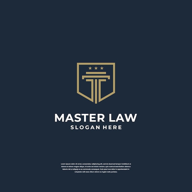 正義の法則のロゴデザインの柱と盾のシンボル。ラインアートスタイルのミニマリストロゴ
