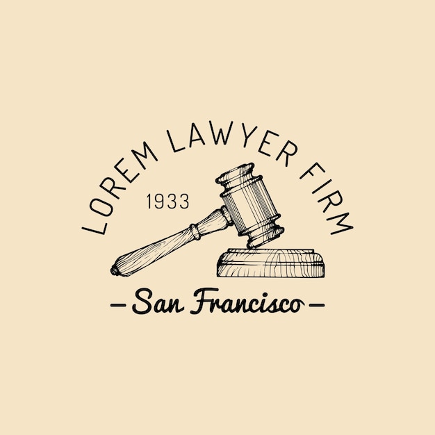 Law office logo with gavel illustration Vector vintage attorney advocate label juridical firm badge Act principle legal icon design