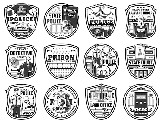 Law and order vector icons isolated labels set